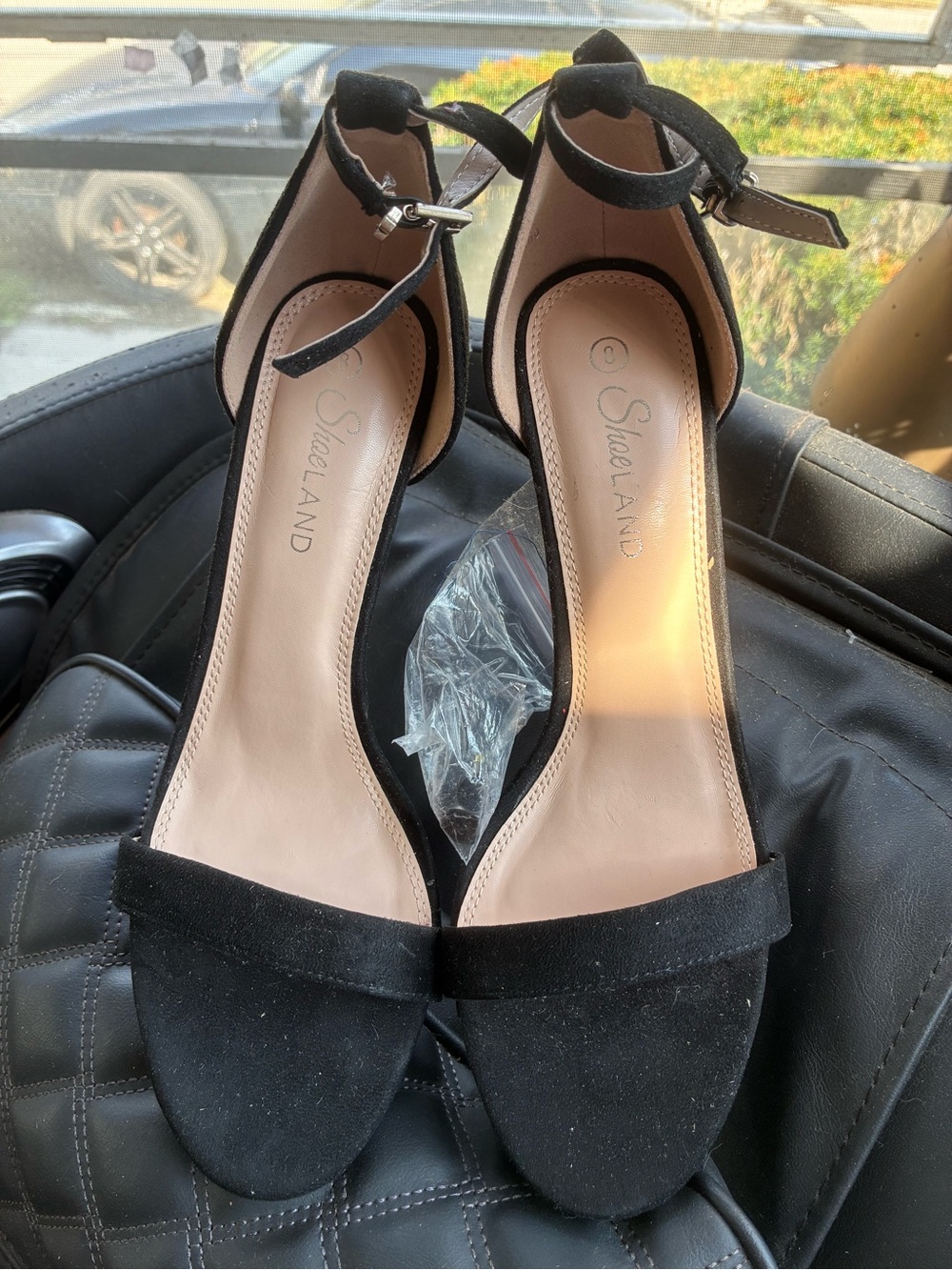 ShoeLAND Women's Black Suede Ankle-Strap Heels